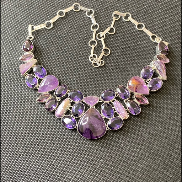 Charoite Necklace with Faceted Amethyst, Charoite and Biwa Pearl Bib Necklace - Picture 10 of 16